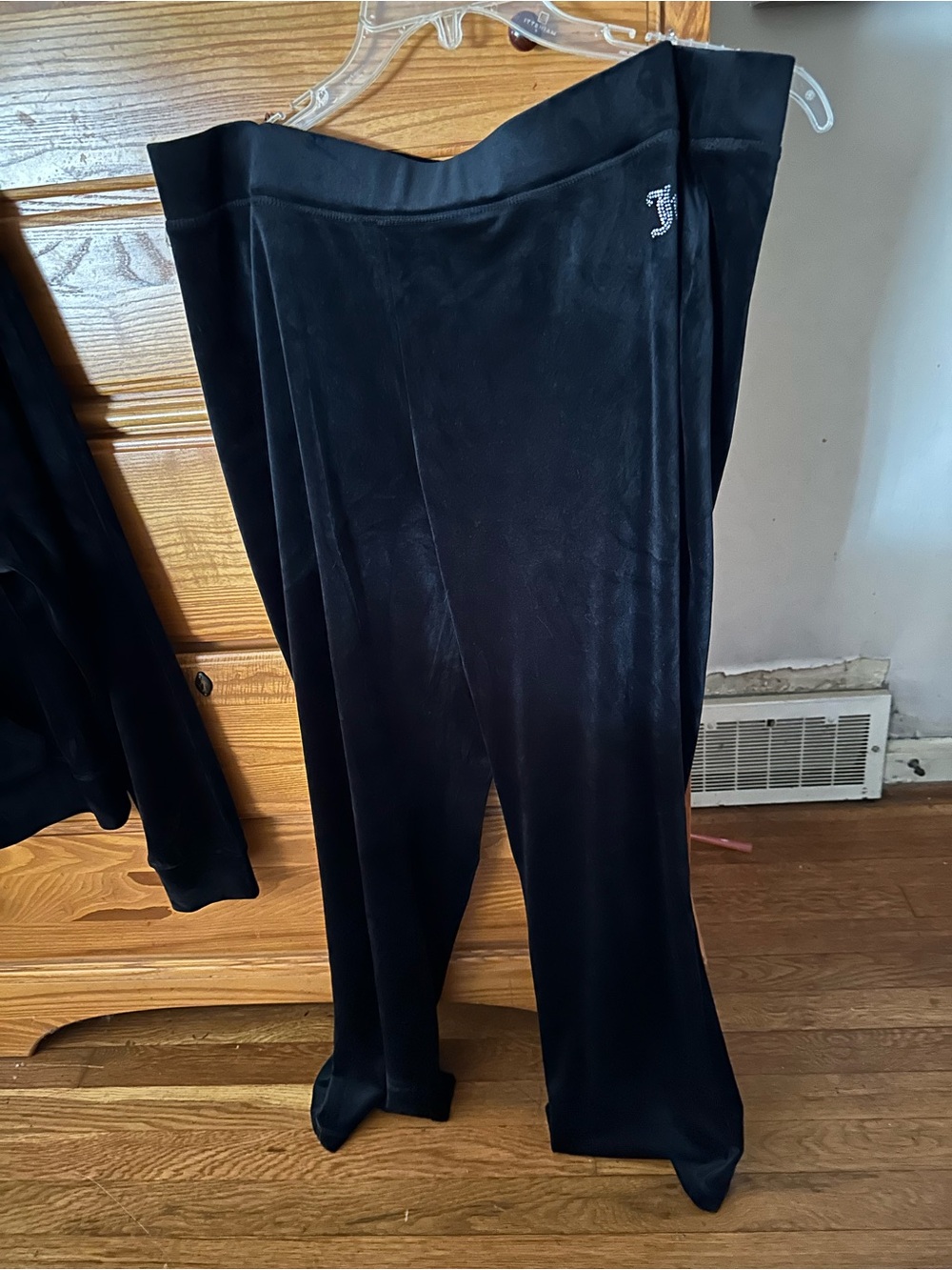 Juicy Couture Black Velour Wide-Leg Pants with Rhinestone J